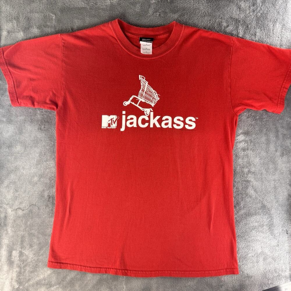 vintage 2000s mtv jackass movie promo t-shirt johnny knoxville red size M